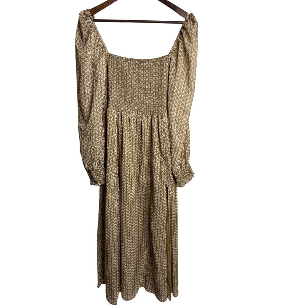 O.P.T Classic Smocked maxi Dress size XL Gold Metallic Square Neck Smocked